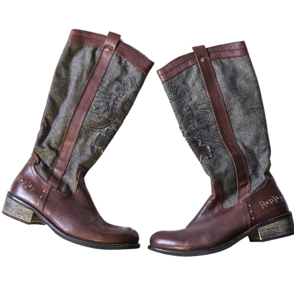 Replay sz40 (size 9) zipper dragon embroidered canvas zipper riding boots VGUC